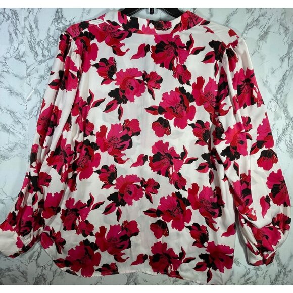 Liz Claiborne Womens Floral Print Blouse 1X Long Sleeve Pink Black Red Polyester - Picture 2 of 8